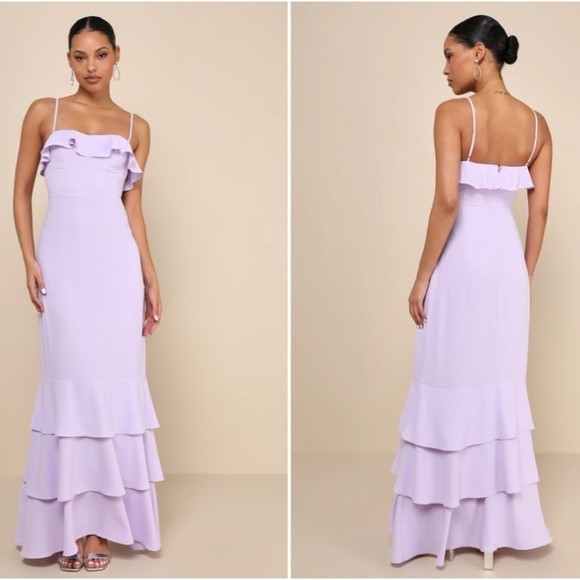 LULUS Prom Wedding Bridesmaid Tiered Ruffles Flirty Sexy Bohemian Maxi Dress - Picture 4 of 4
